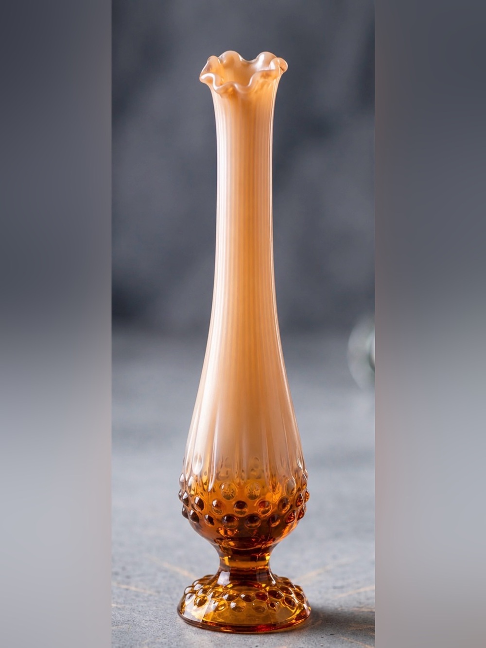 Vintage Fenton Opalescent Hobnail Bud Vase Amber Glass 11’ USA